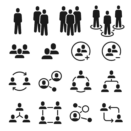 Network group icons. Social community, business team structure, people communication icon. Add member to employee meeting vector set. Illustration community communication connection, networking people