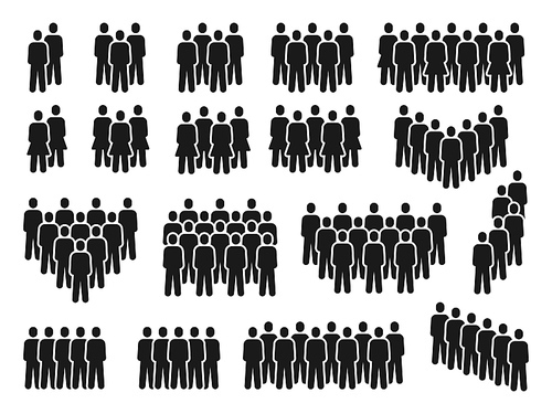 People crowd icons. Group of persons gathering, men and women silhouette. Employee team, citizen or social community pictograms vector set. Illustration crowd people unrecognizable silhouette