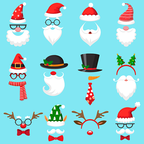 Christmas cartoon hats. Xmas santa hat, elf cap and reindeer photo mask. Santas beard and mustaches mask, snowman deer head costume accessory in mobile app for party, vector isolated icons set