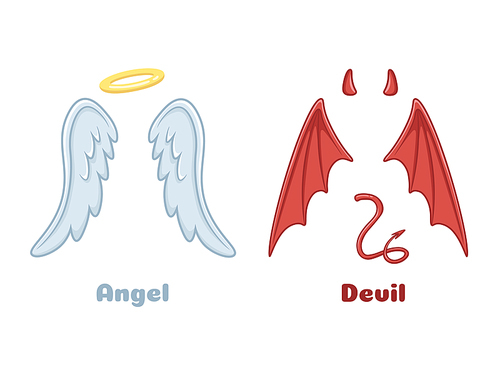Angels and demons wings. Cartoon evil demon horns and good angel wing with angelic nimbus. Devil bad evil and saint angel mischief heaven goods characters vector isolated icon illustration set