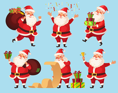 Christmas Santa cartoon character. Funny Santa Claus with Xmas presents, winter holiday beard characters. Grandfather with gifts, noel 2019 new year vector isolated icons illustration set