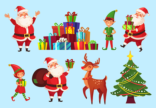 Cartoon christmas characters. Xmas tree with Santa Claus gifts, Santas helpers elves and winter holidays deer noel companion, 2019 celebration vector character isolated icons set
