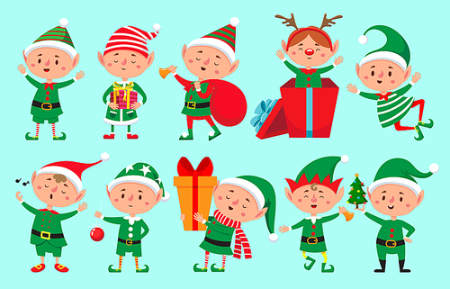 Christmas elf character. Santa Claus helpers cartoon, cute dwarf elves fun characters, santas helper, Xmas little green fantasy assistant winter 2019 vector isolated icons set