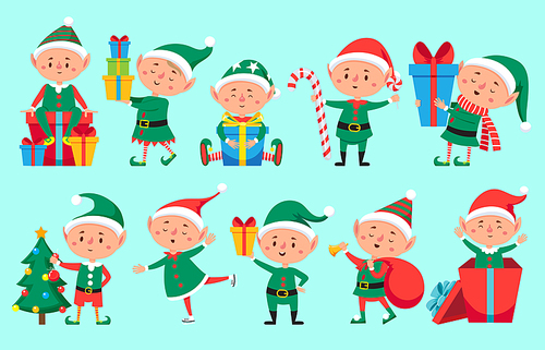 Christmas elf character. Cute Santa Claus helpers elves. Funny Xmas winter baby dwarf little fantasy helper characters creature with gift, new year vector isolated symbols set