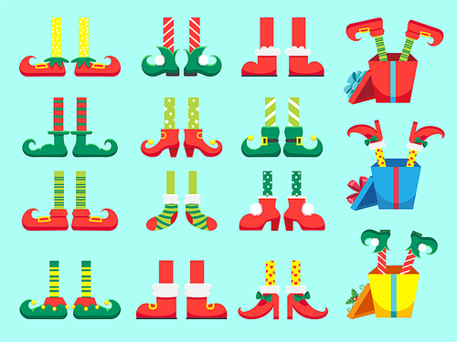 Christmas elf feet. Shoes for elves foot, Santa Claus helpers dwarf leg in pants, funny striped socks and boots. Xmas 2019 present and winter gifts isolated vector icons set