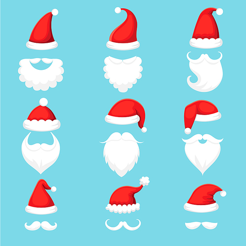 santa claus hat and beard. christmas traditional red warm hats with fur, white beards with mustaches cap silhouette. xmas wearing mask for  app. cartoon illustration vector isolated icons set