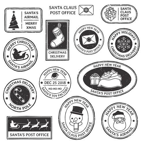 Christmas stamp. Vintage Santa Claus postmark, north pole mail cachet and greeting snowflake symbol on typography stamps. Xmas holiday vector isolated symbol illustration set