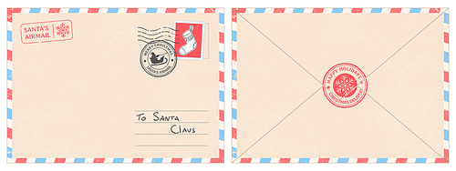 Dear santa claus mail envelope. Christmas surprise letter, child postcard with north pole postmark cachet. Postage surprised correspondence envelope, letters blank vector illustration