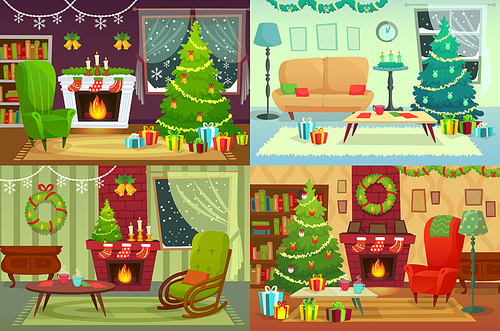 Christmas room interior. Xmas home decoration, Santa gifts under traditional tree and winter holiday cozy house living room interior with fireplace, cartoon vector illustration collage
