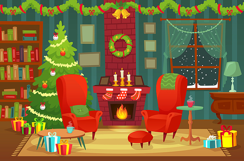 Decorated christmas room. Winter holiday interior decorations, armchair near fireplace and xmas tree with gifts, new year holidays cozy house with flames chimney. 2019 vector background illustration
