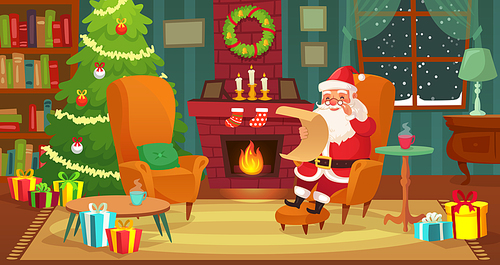 Christmas interior. Santa Claus winter holiday decorated living room with fireplace, candle and xmas tree. House room scene or traditional new year foie decoration cartoon vector illustration