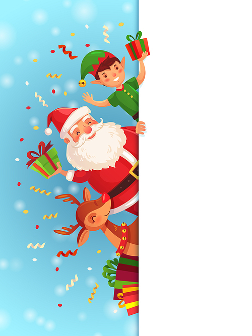 Christmas cartoon characters. Santa Claus, xmas elf character and reindeer with red nose sidebar friends, winter gift signboard for letter or greeting card vector background