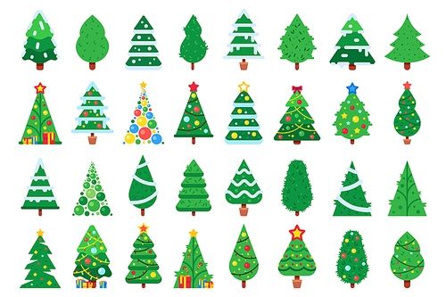 christmas trees. decorated new year tree, green spruce and gift box under xmas tree. winter holiday  decorated fir trees with balls and garland. isolated flat vector illustration icons set