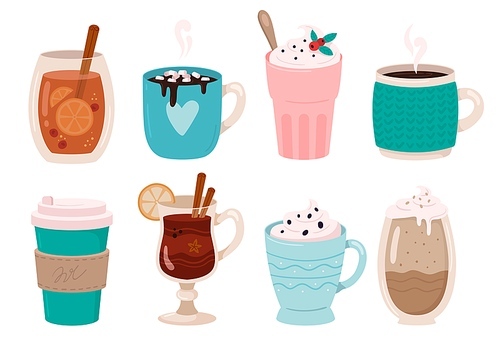 Warming winter drinks. Hot chocolate, cocoa with marshmallows and whipped cream. Mulled wine in winters mug, christmas coffee drink or hot tea beverage. Isolated vector illustration icons set