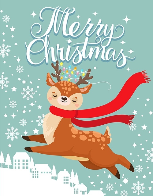 Greeting card with xmas deer. Merry christmas postcard, cute fawn and winter holidays. New 2020 Year winter invitation card with reindeer character cartoon vector illustration