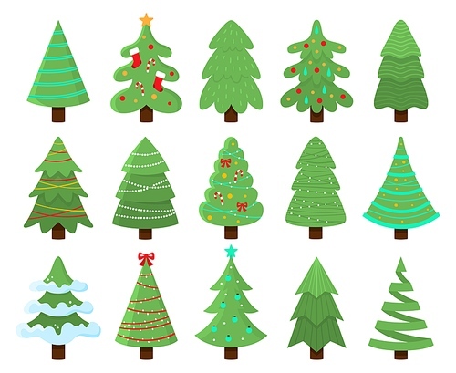 Decorated xmas trees. New Years tree with heralds, striped christmas pine. 2020 winter holidays party green fir with garland decoration. Isolated vector illustration icons set