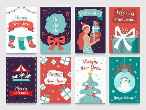 Christmas postcard. Garlands on xmas tree, Happy New year postcards and december winter holidays cards. 2020 christmas party invitation poster or greeting card isolated vector bundle