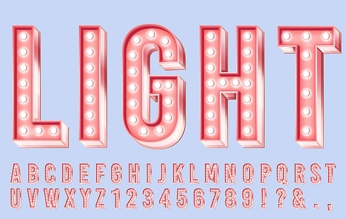 Pink lighting font. Alphabet letters with bulbs, retro numbers and bright bulb lights in letter. Club font abs and number, glowing movie, bar advertising lettering. 3d vector illustration symbols set