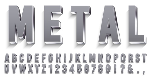 Realistic metal font. Shiny metallic letters with shadows, chrome text and metals alphabet. Credit cards steel abc and numbers, futuristic iron font. 3D vector isolated symbols set