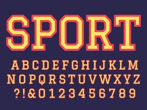 Embroidery font. Sewing alphabet letters, college football team embroidered patch lettering and embroidery letter. School traditional sports textile uniforms abc or number. Isolated vector symbols set
