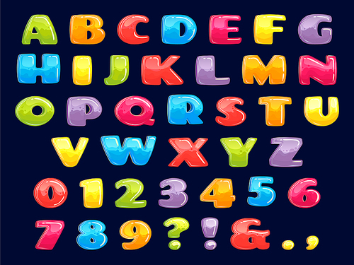Color cartoon font. Chubby colored letters, fun kids games alphabet and funny child letter. Kid abc lettering type game character doodle. Vector illustration isolated symbols set