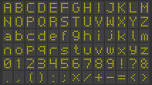 Led display font. Digital scoreboard alphabet, electronic sign numbers and airport electric screen letters. Train abc billboard screen, information panel board or matrix vector symbols set