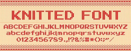 Knitted font. Christmas ugly sweater, knit letters and folk sweaters xmas text template. Handicraft letter for winter xmas sweater, knitting norway textile typeface. Vector illustration symbols set