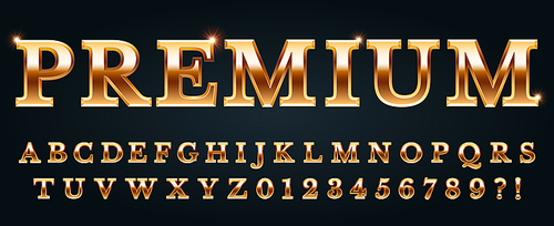 Premium golden font. Luxury alphabet, numbers and punctuation marks. Metal gold chic and glossy typography with glowing effect. Latin letters isolated on black background vector illustration