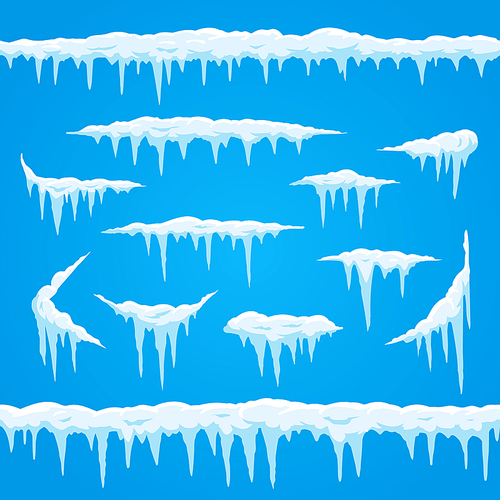 Cartoon icicles ice cap. Winter frosted snow frame for snowfall icy blue and white sign. Top of snowcap, frost snowed frames borders cold season vector isolated icon set