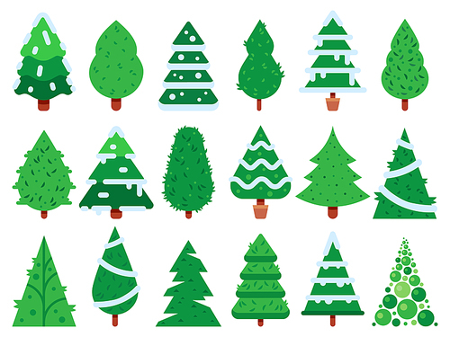 Green christmas tree. Simple Xmas trees shape, nature fir unusual trees template for new year greeting card or eve garland decoration holiday simple isolated vector icon set