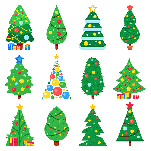 Flat paper christmas tree. Winter holidays trees decorated star, Xmas garlands and new year toys gift icon. Fir decoration of balls and star cartoon vector isolated symbol collection