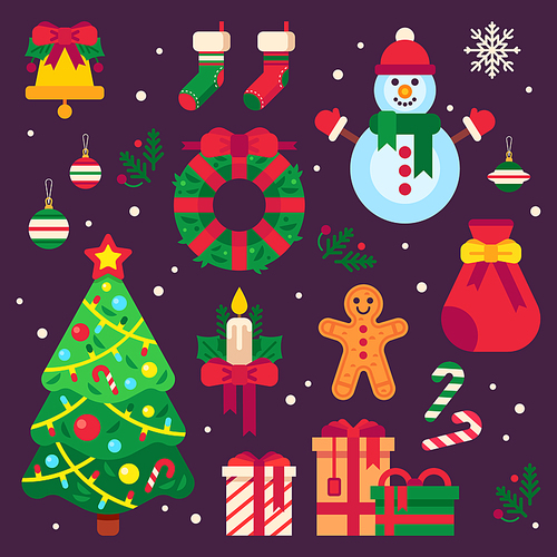 Colorful christmas items. Xmas stocking, garland lights for fir tree and Santa gifts. Winter holidays wreath stockings, lollipop bell gingerbread and balls decor elements vector icons set
