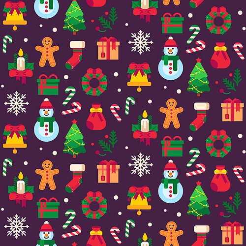 Seamless christmas symbols. Xmas green tree, gift toys or holidays sweets snowflake and traditional gingerbread man, new year gifts decorative paper or textile fabric pattern vector background