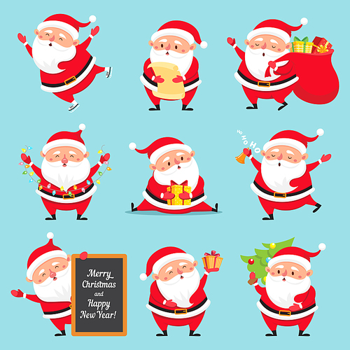 Cartoon Santa Claus. Christmas holiday greeting card character. Funny winter Xmas holidays celebration cute characters with gifts sack, new year flat vector isolated icon set