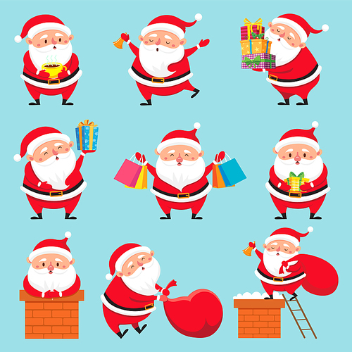 Cartoon Santa character. Christmas cute grandfather Claus jump characters with noel presents box for Xmas holidays greeting card Xmas celebration vector isolated sign set