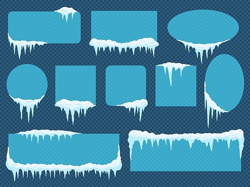 Frames with snow and ice. Frozen borders with snowflakes of different shape as circle, square, rectangle and ellipse isolated on transparent . Snowy caps vector illustration