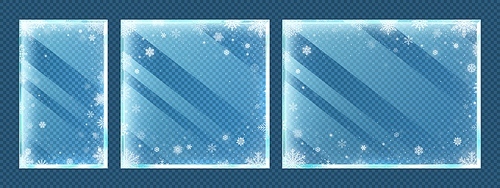Frozen glass frames with snowflakes. Winter window border set with snow frost and ice effect isolated on transparent . Christmas and new year holidays vector illustration