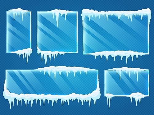 Glass frames with snow caps. Frozen winter window border with ice and frost isolated on transparent . Frame of different shape as square and rectangle vector illustration