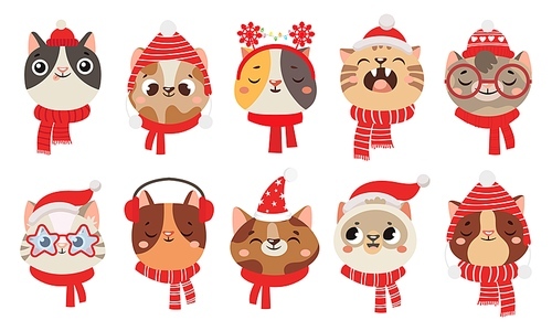 Winter cats in scarf and hat. Cute pet wearing Christmas accessory as earmuffs and party santa hats. Adorable kittens yawning, smiling with closed eyes, domestic animal vector illustration