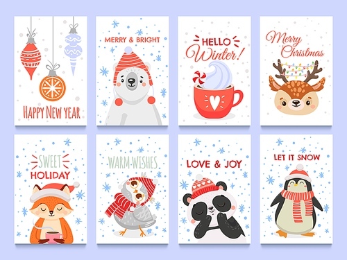 Cute animals christmas cards. Vector christmas winter, holiday decoration with animals bear fox and owl illustration
