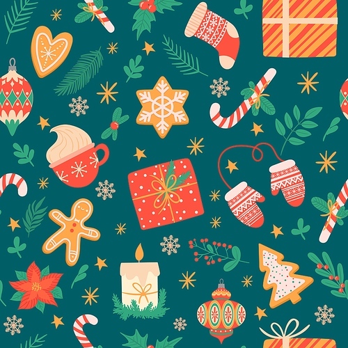 Christmas seamless pattern. Traditional xmas attributes, christmas tree toys, gingerbread, presents for cards and wrapping vector texture. New year cup with hot chocolate, holly leaves with berries