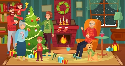 Happy family decorating christmas tree. Vector happy xmas with house fireplace, decoration to celebration holiday illustration