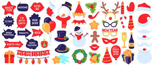 Christmas photo booth props. New year party, holiday decorative elements. Masks, hats and beard, snowman, gifts, stocking vector set. Christmas booth, beard and mustache, snowflake illustration
