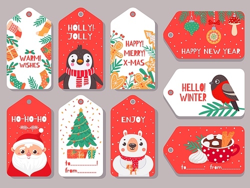 Christmas tag. Winter holiday xmas gift labels with cute characters santa, bear and bullfinch, penguin and festive lettering vector set. Fir tree with present boxes, cocoa with marshmallow