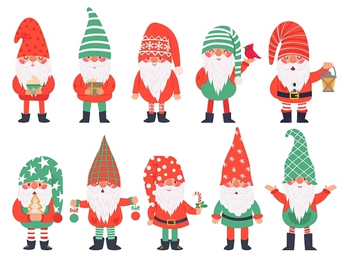 Christmas dwarfs. Funny fabulous gnomes in red costumes, xmas gnome with lantern traditional decoration, winter holiday vector characters. Illustration christmas dwarf character collection
