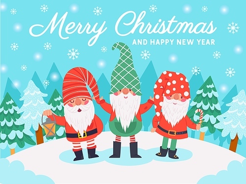 Gnomes christmas characters. Xmas greeting card with cute dwarfs, winter elements and lettering, december holidays vector background. Happy new year. Snowy lawn with fir trees and snowflakes