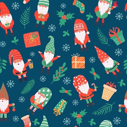 Gnomes seamless pattern. Funny christmas dwarfs and gifts, winter festive  children textile, wrapping paper, wallpaper vector texture. Present boxes, socks and holly berry plant branches