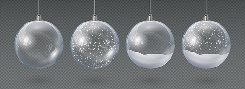 Realistic hanging glass christmas balls empty and with snow. 3d xmas tree decoration, transparent crystal sphere with snowflakes vector set. Xmas holiday celebration decor, bubble with falling snow