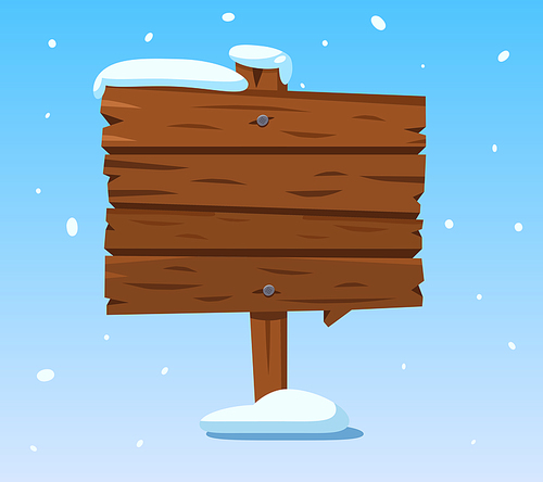 Wooden sign in snow. Christmas winter holidays signpost. Christmas vintage outdoor empty village wood information signboard. Cartoon frost wood vector sign