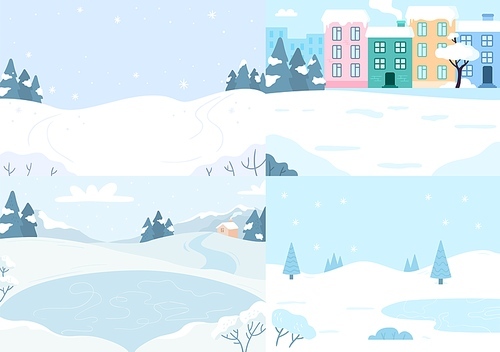 Winter landscapes colletion. Vector snow season christmas, nature cold card, outdoor scenery lake and covered snow illustration